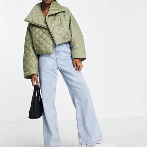 ASOS DESIGN Quilted Cropped Khaki Green Jacket Snap Front Women’s US Size 4 - Picture 3 of 7